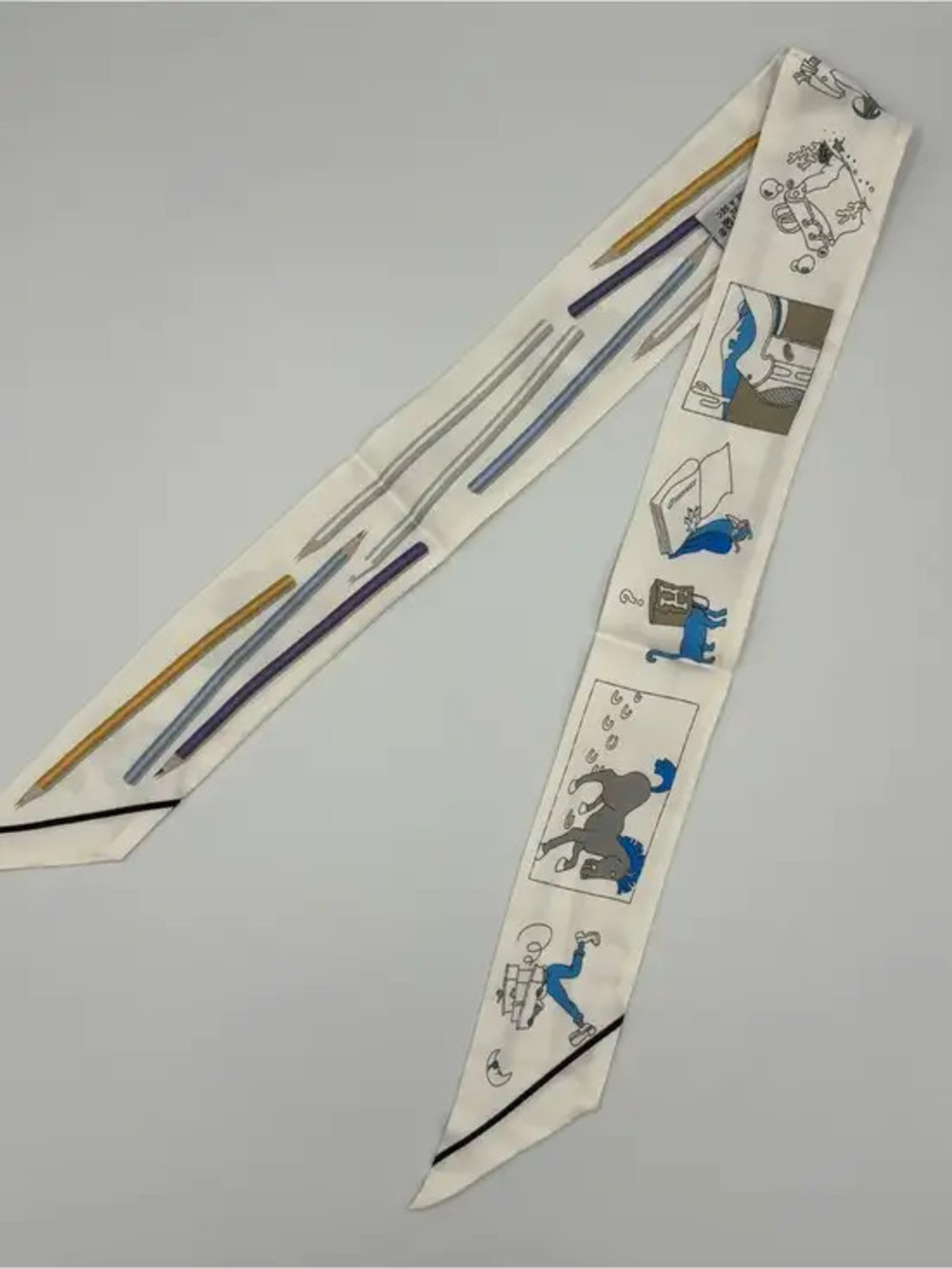 Herms Twilly White Cartoon Horse Lock 100% Silk Bag Ribbon